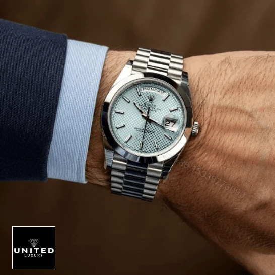 View 8 of Rolex Day Date Ice Blue Baguette Dial Platinum Presidential 228206 Replica