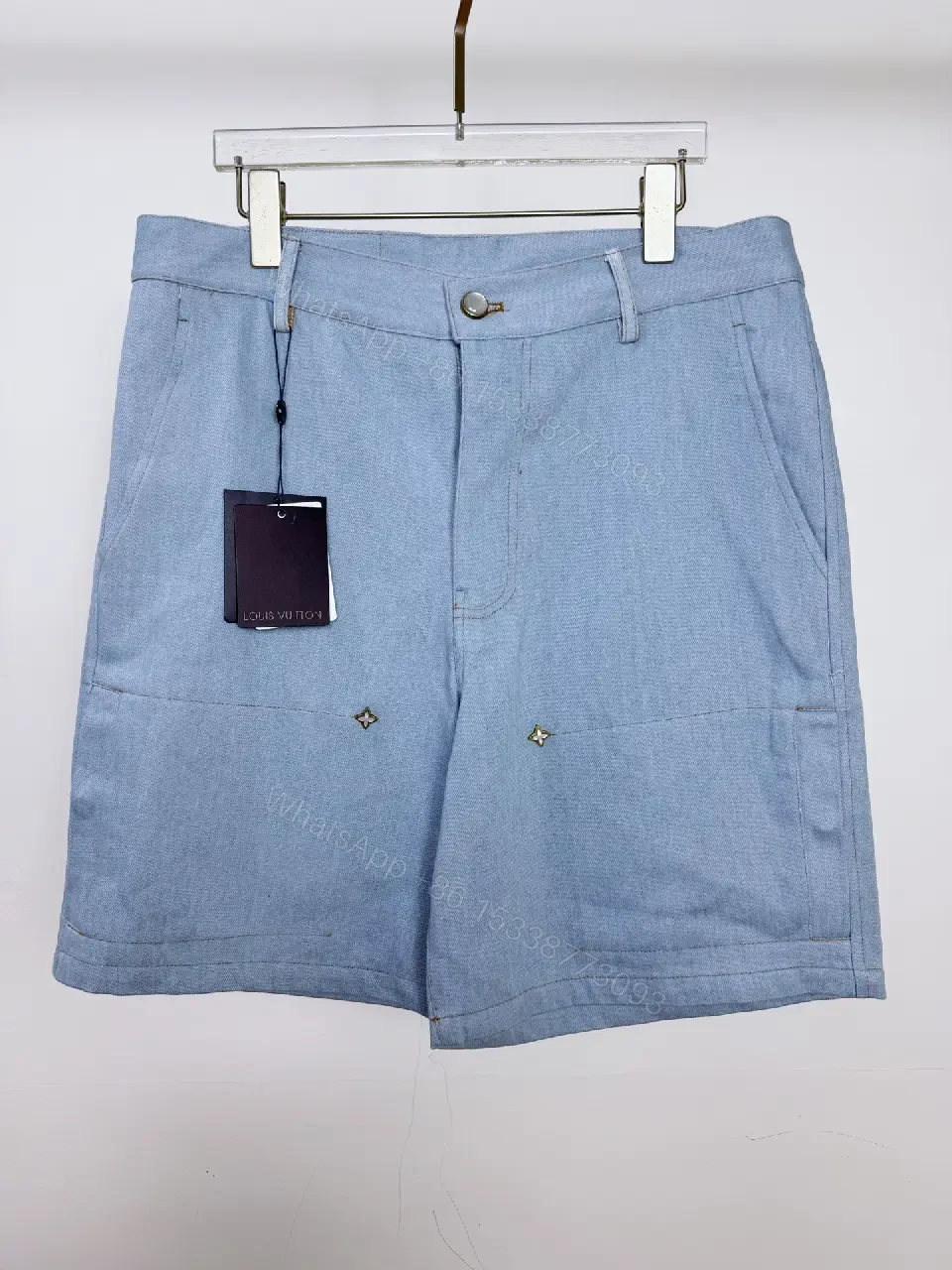 View 4 of Blue Denim Shorts with Embroidered Details, Louis Vuitton Style