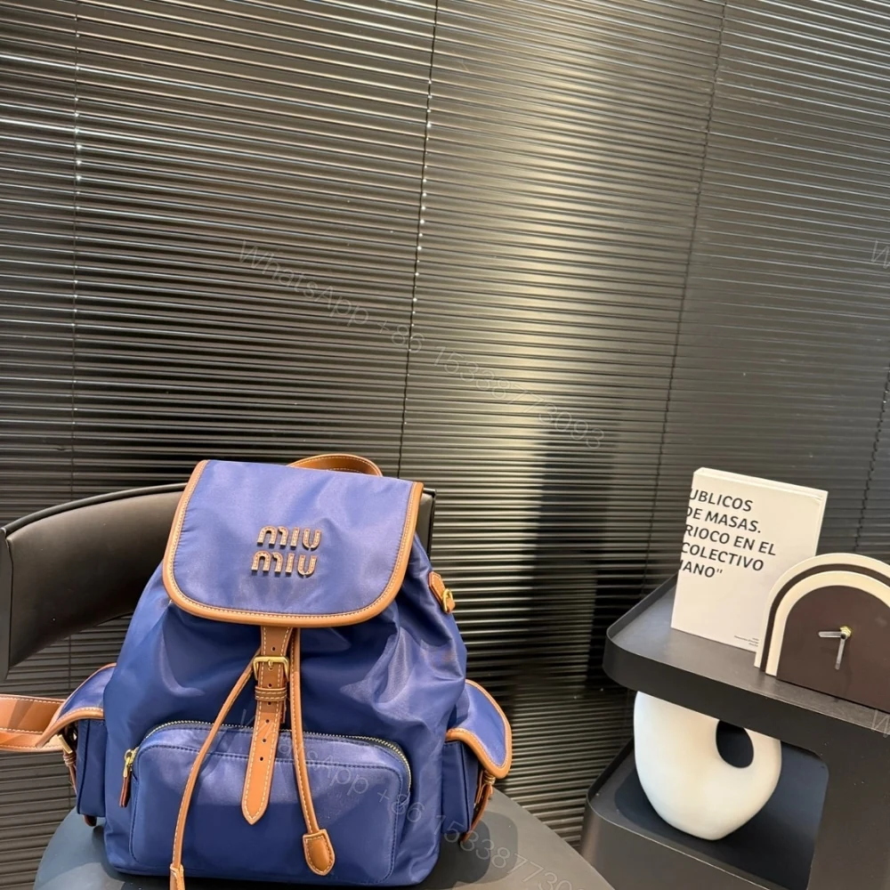 View 3 of MIUMIU CANVAS BACKPACK CORNFLOWER BLUE AND BRANDY 27CM 5BZ042 2IBQ F0TQF V OOO