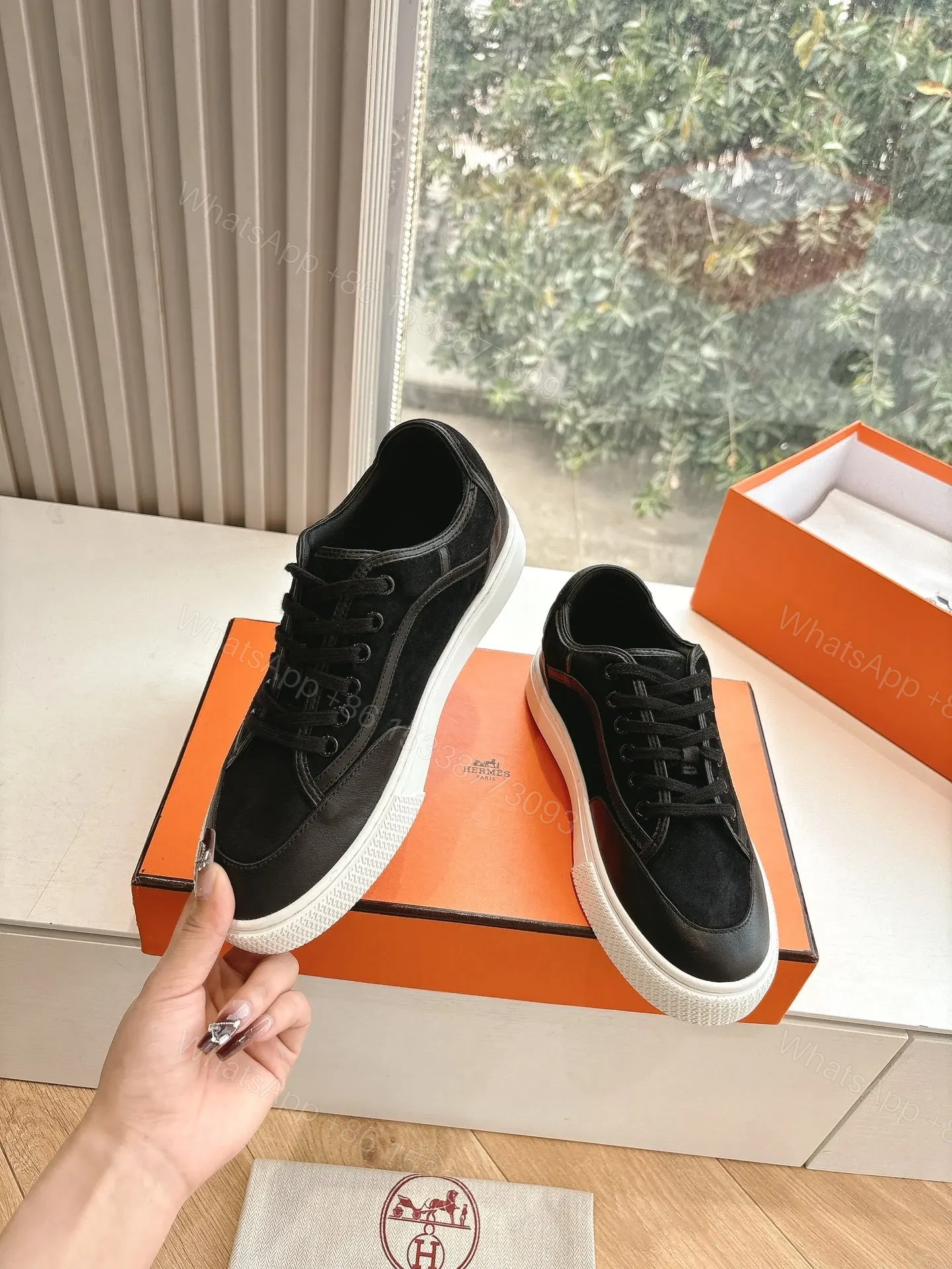 View 5 of Hermes Women Black Suede Leather Sneakers