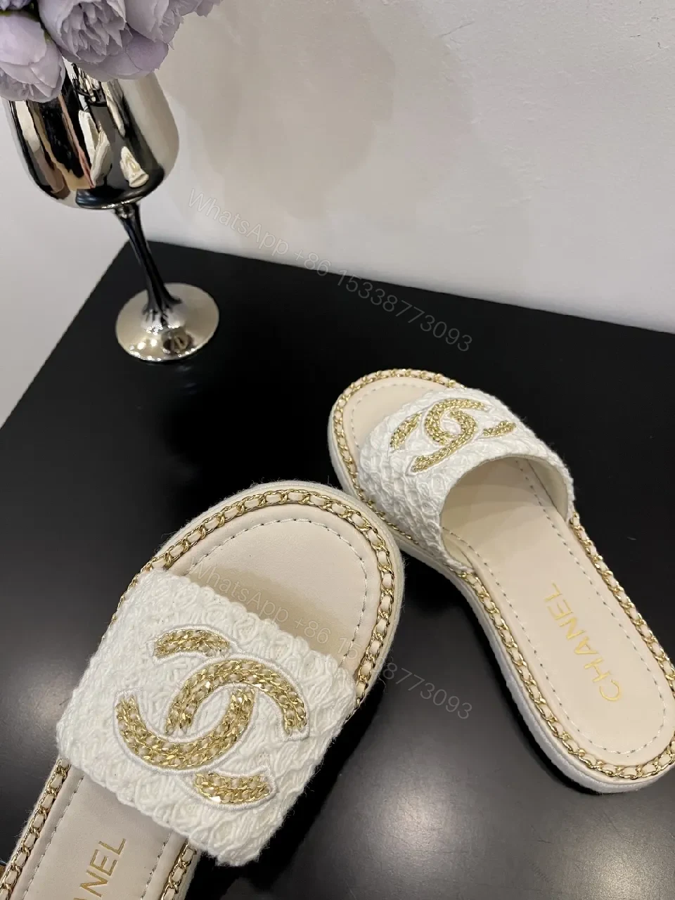 View 4 of White + Leather-like + Slip-On + Gold Chain Detail + Sandals