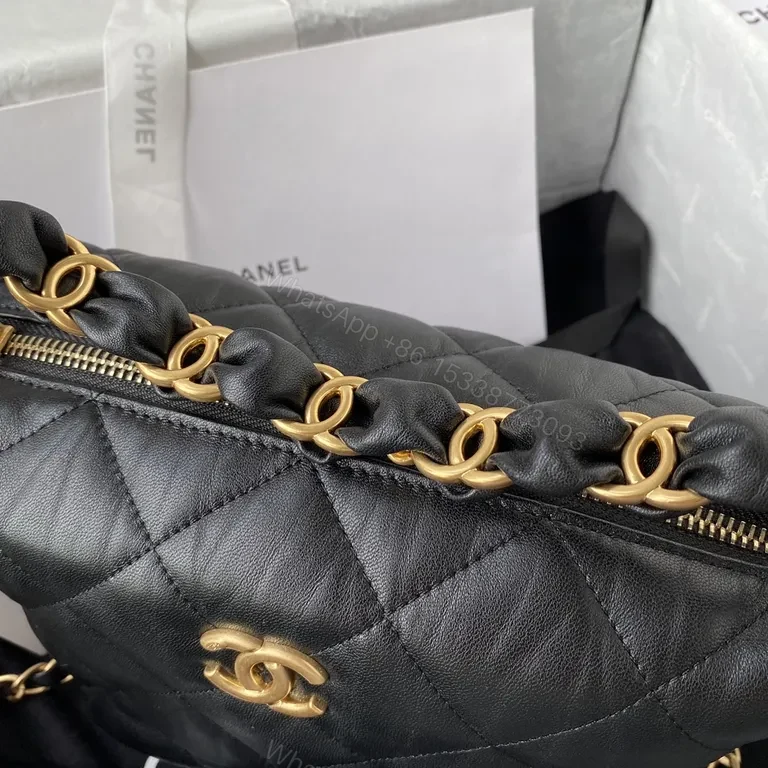 View 7 of Chanel-Inspired Quilted Black Leather Bag with Chain