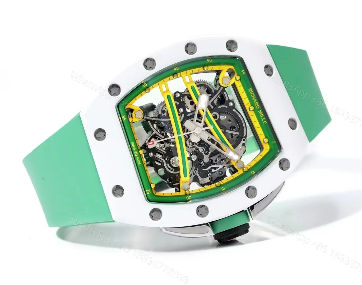 View 5 of Richard Mille RM61-01 Watch TZP-N Zirconia Ceramic NTPT Carbon Fiber Skeleton Dial RMUL2 Manual Winding Movement Yellow Green Suspended Bridge Luxury Sports Watch RM61-01-TZP-YGB-SK