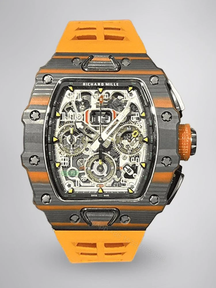 Replica Richard Mille RM 11-03 McLaren Carbon Fiber Skeleton Chronograph Orange Rubber Strap — view 1