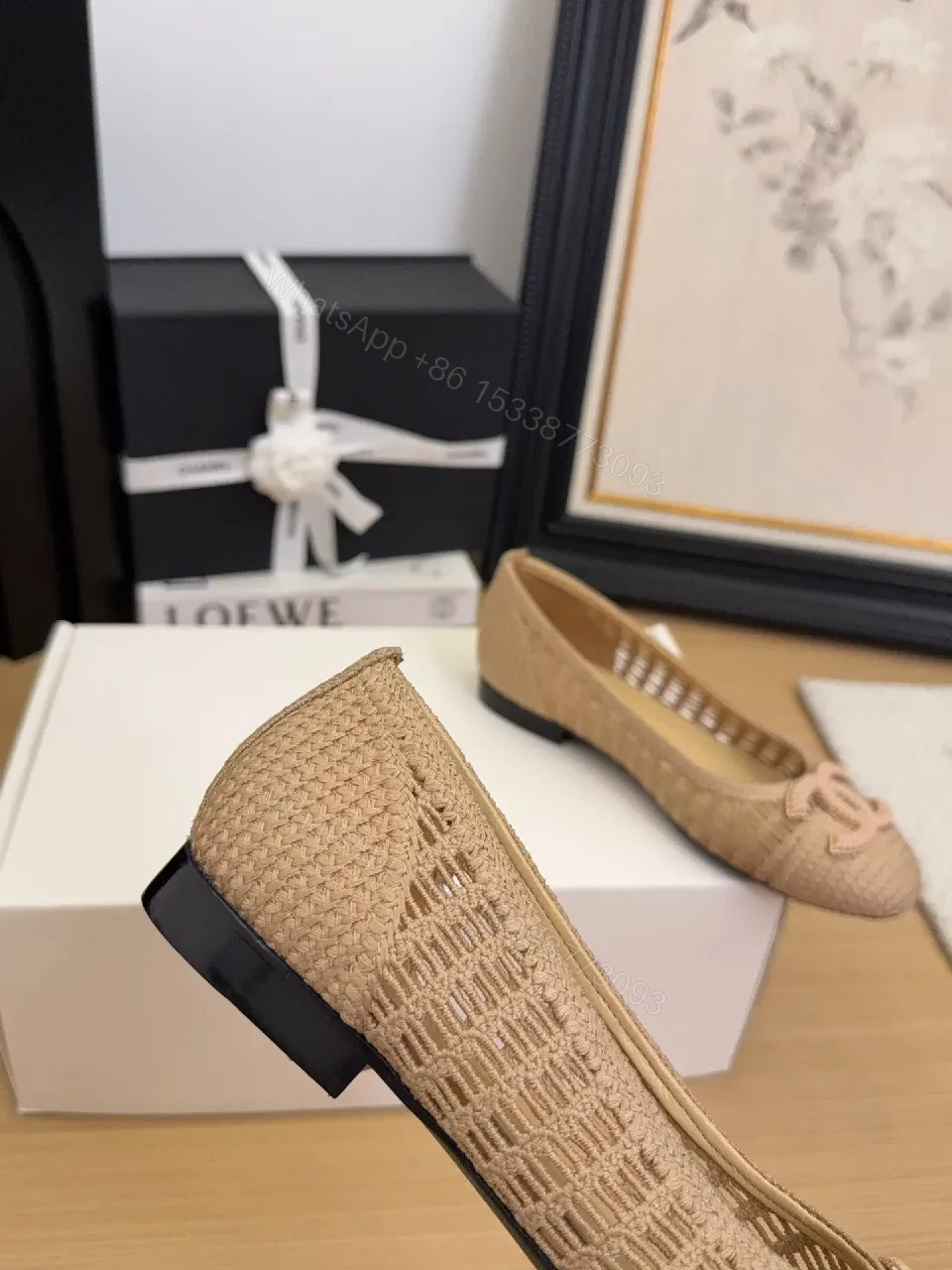 View 4 of Beige Woven Ballet Flats with Logo Embroidery, Elegant Comfort