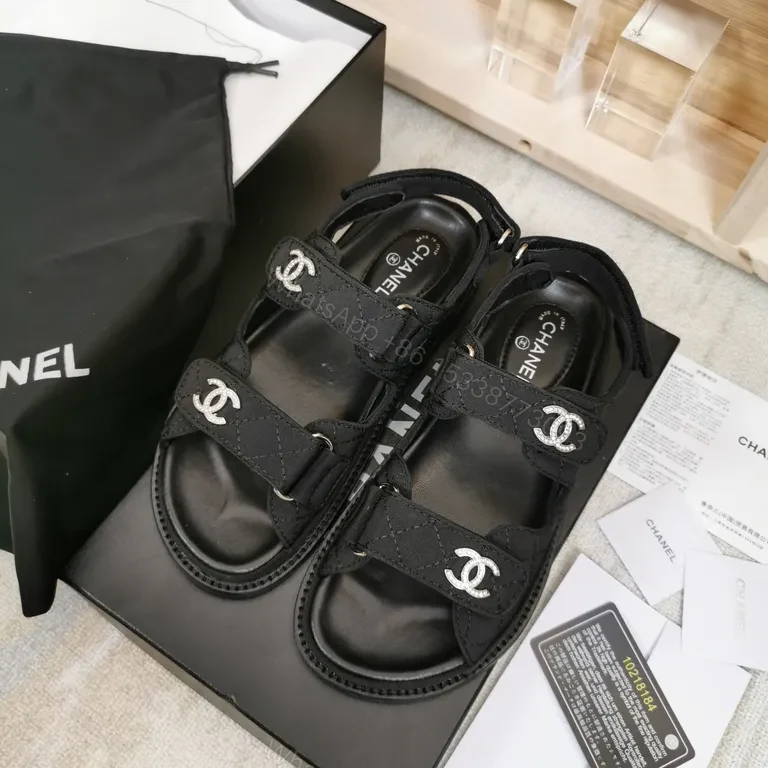 View 6 of Chanel-Inspired Black Leather Sandals with Logo Details