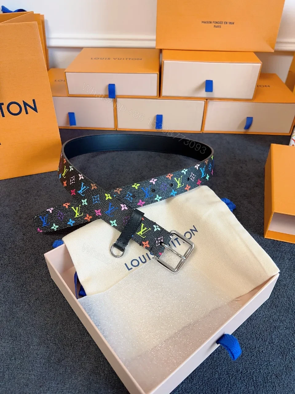 View 3 of Bold Multicolor LV-Inspired Belt: Rainbow Monogram Accessory