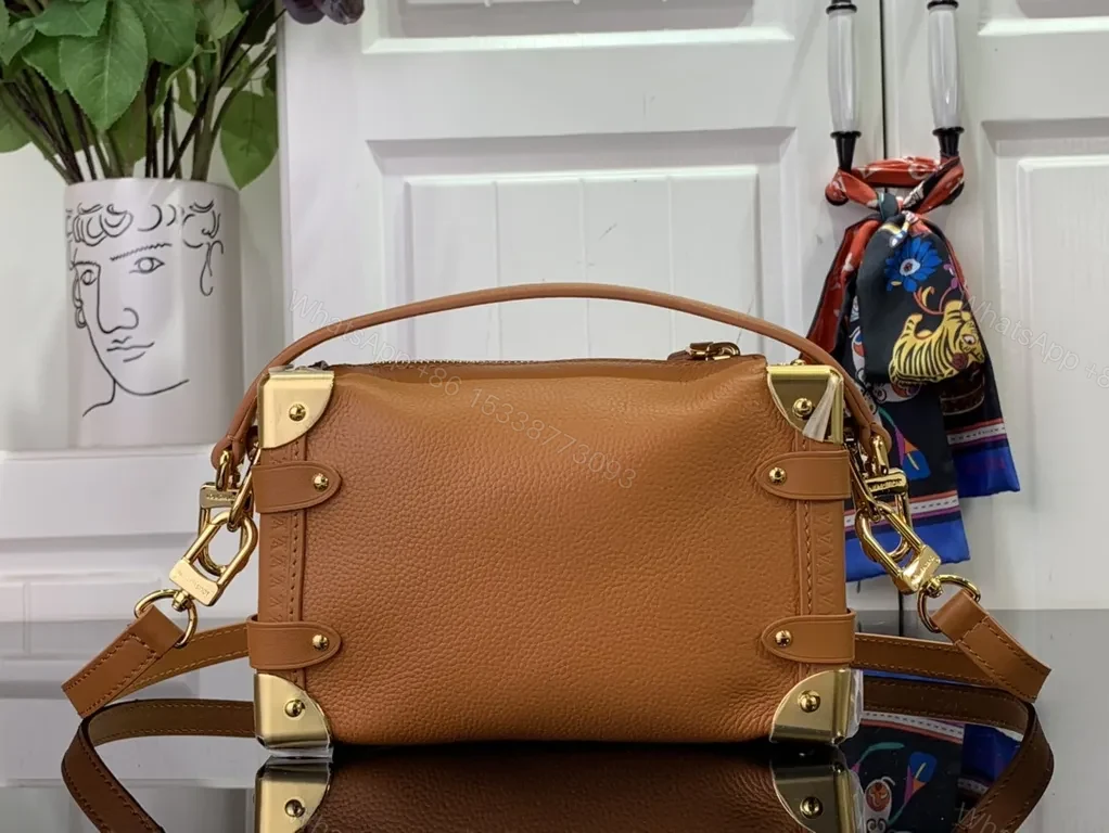 View 9 of Cognac Leather Satchel: Gold-Stud Accent, Structured Style