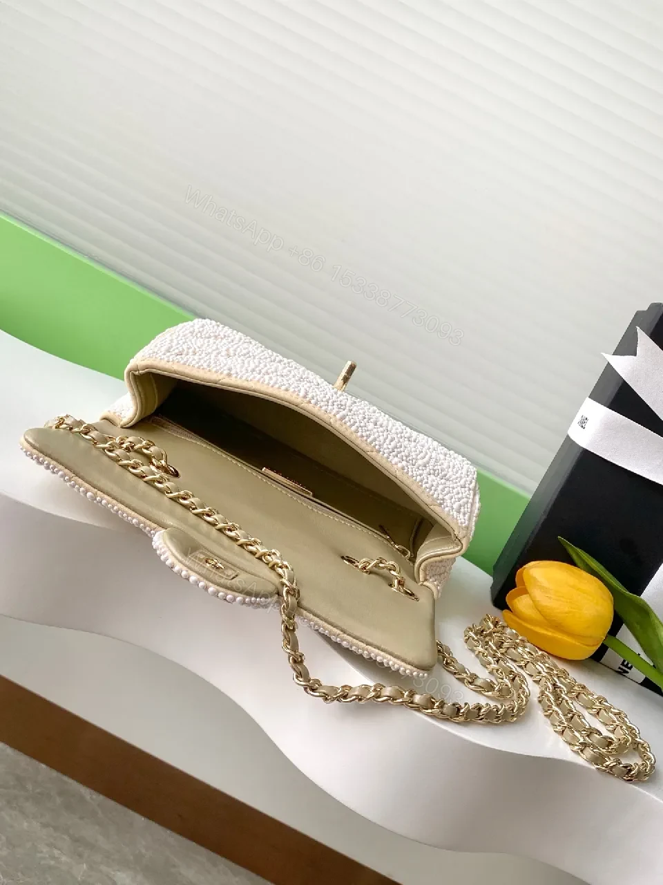 View 6 of Pearl-Embellished Flap Bag: Lux Metallic Couture Style Bag