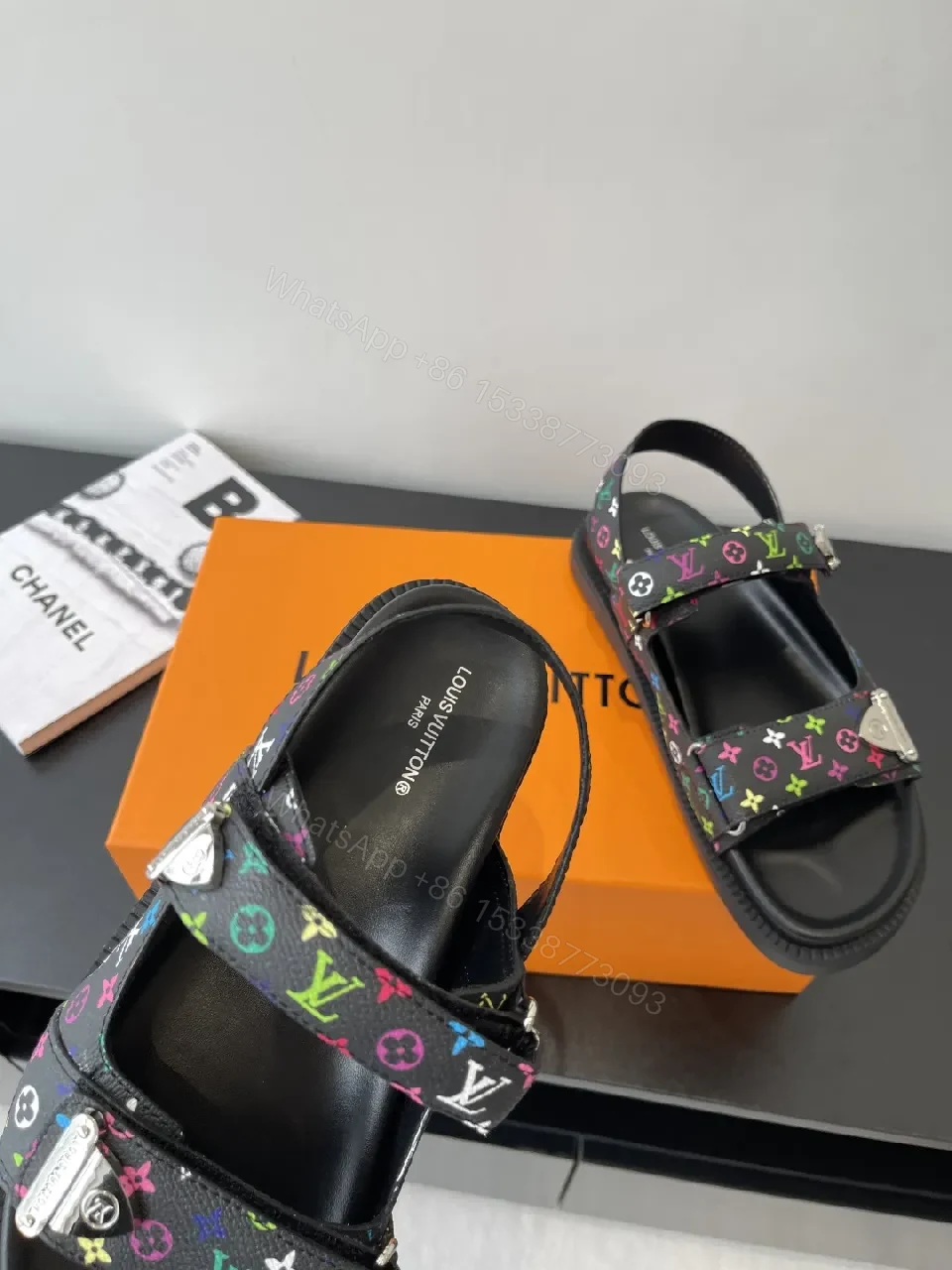 View 2 of Bold Patterned Strap Sandals with Rainbow Monogram Logo