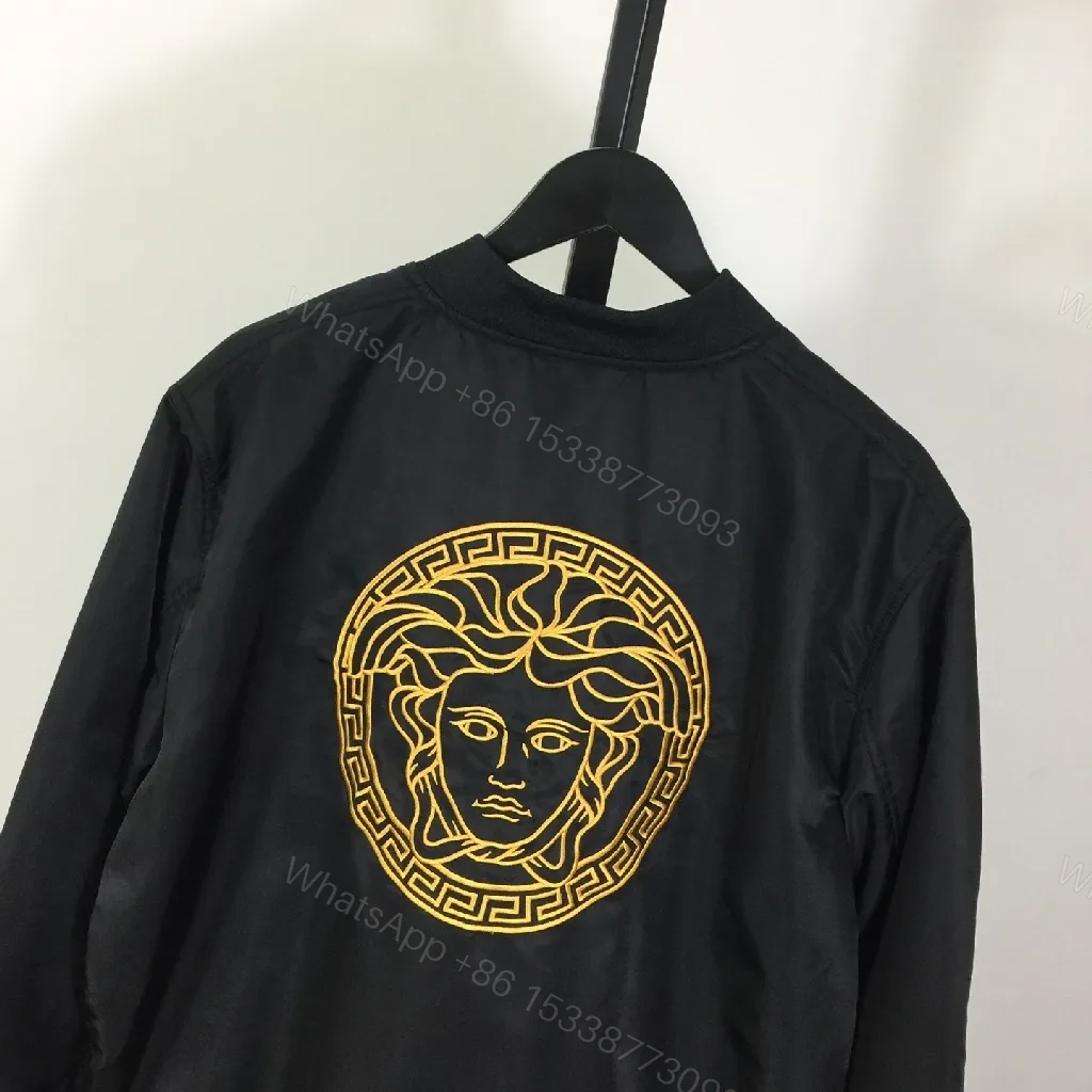 View 5 of Black Bomber Jacket - Versace Patch, Minimalist Edge, Windproof Outerwear