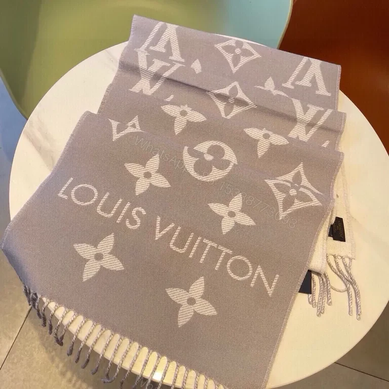 View 7 of Taupe Wool Luxury Scarf: Monogram Fringe Luxury Accessory