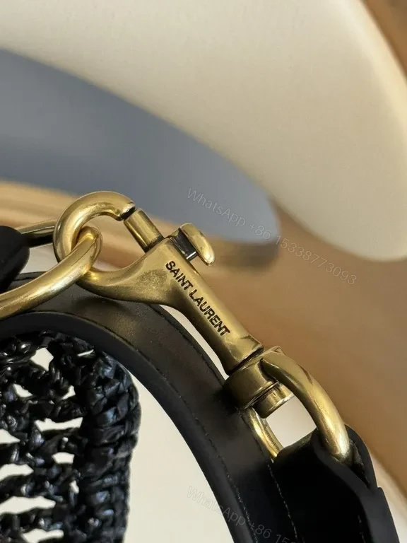 View 2 of Textured Crochet Shoulder Bag with Gold YSL Logo, Luxury Style