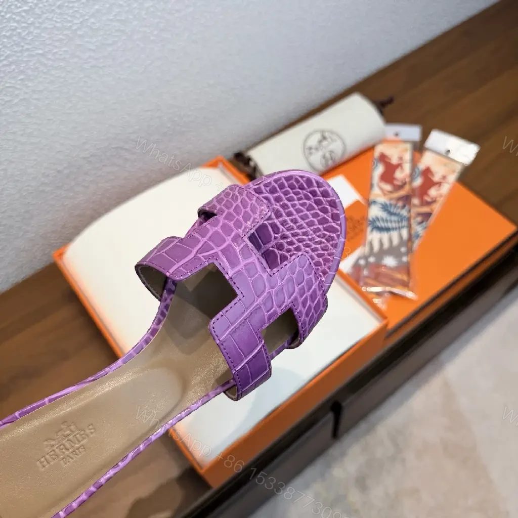 View 4 of Purple Leather Sandals - Croc-Embossed - Open-Toe - Comfortable Slip-On - Sandal