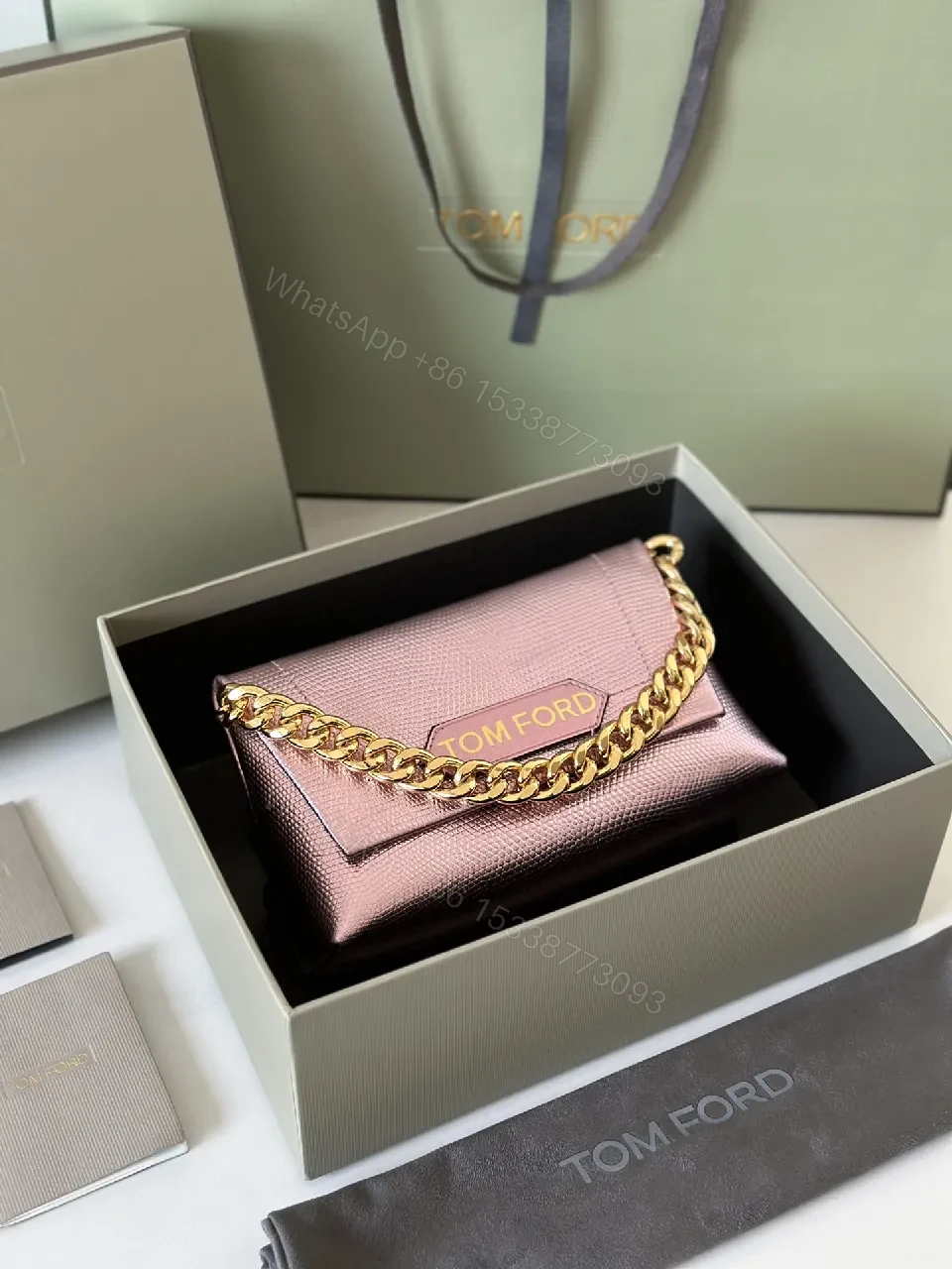 View 4 of Chic Metallic Wallet on Chain: Textured Pink Leather, Gold Chain, Luxury Style, Cardholder Wallet