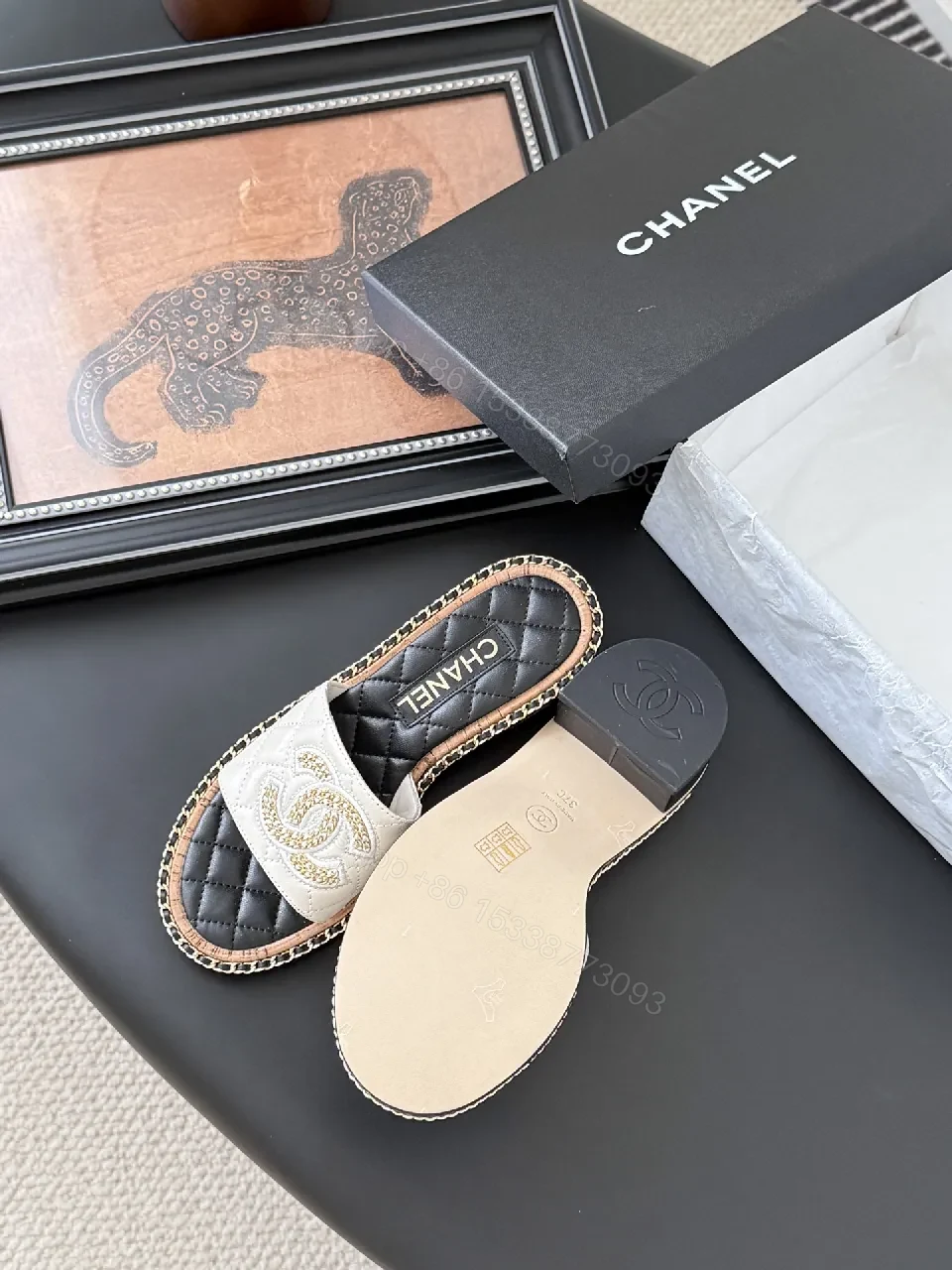 View 6 of Elegant Quilted Slide Sandals with Chain Trim