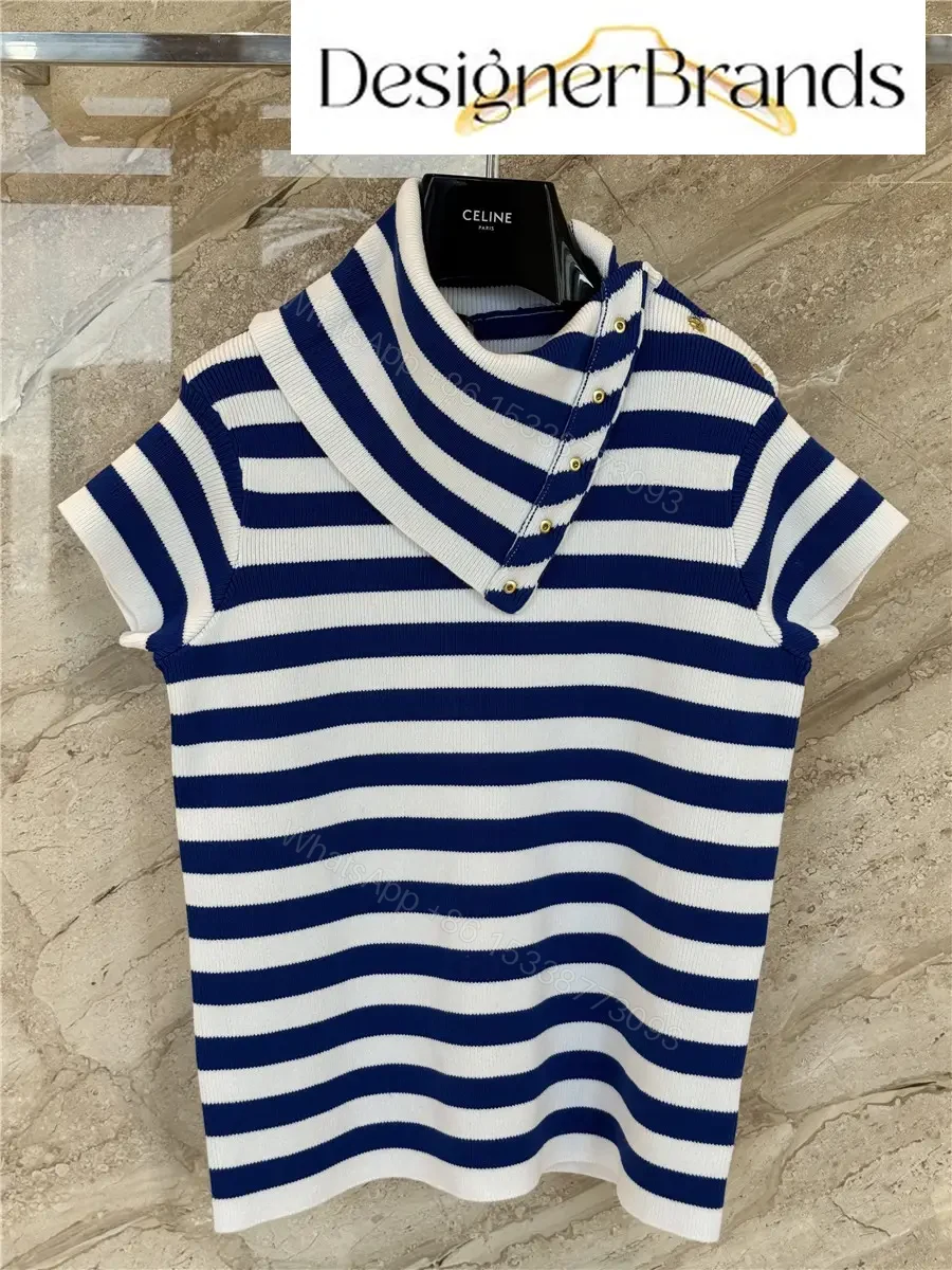 Celine Classic Striped High-Neck Short-Sleeve Knit Top — view 1