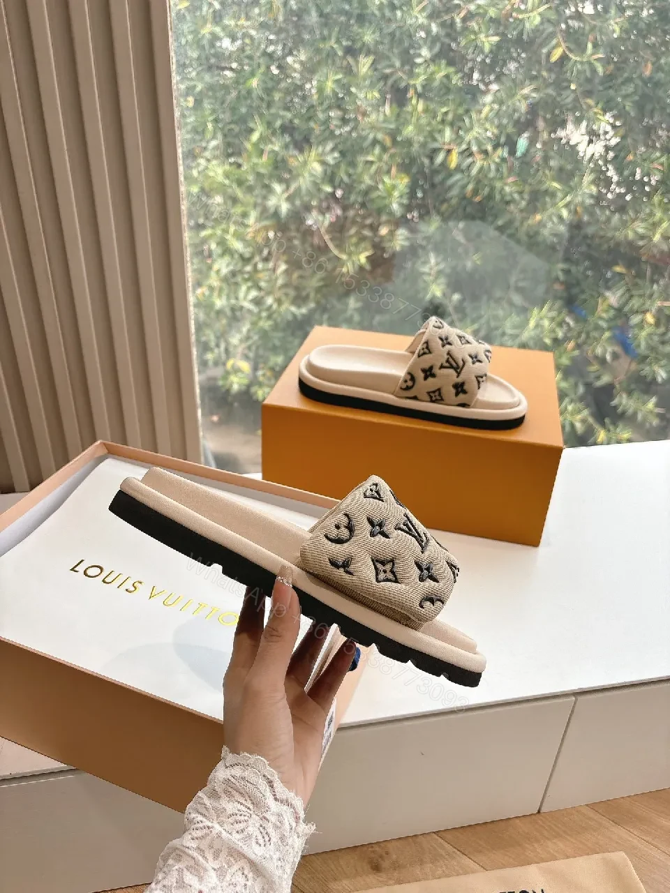 View 3 of Beige Monogram Sandals: Luxury Comfort Slip-Ons