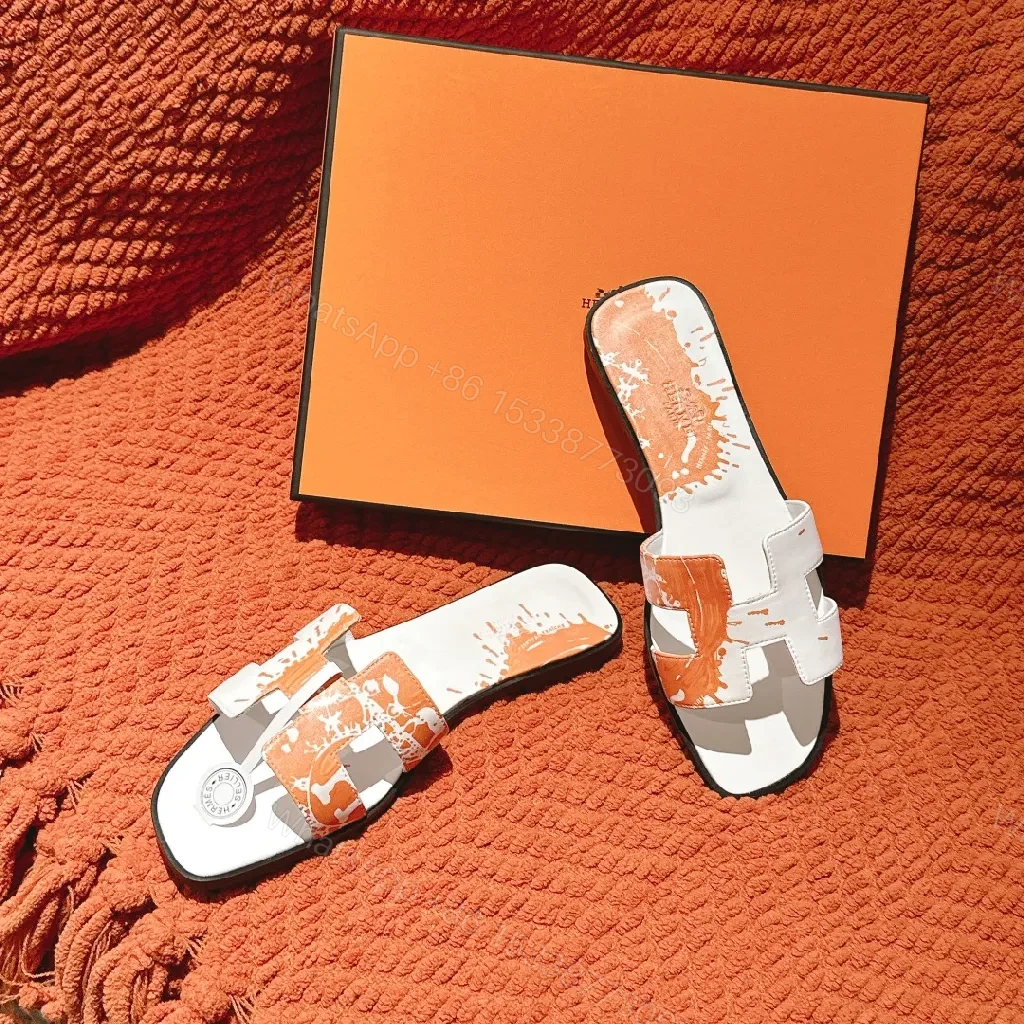 View 8 of Bold Orange-Accent White Leather Slides, Comfort-Chic Street Style