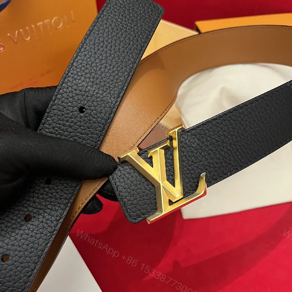 View 4 of Classic Black Leather Belt with Gold Buckle - Unisex Luxury Accessory