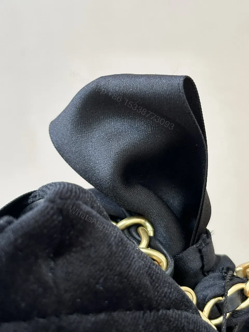 View 8 of Quilted Velvet Handbag with Satin Bow Accent and Gold Chain