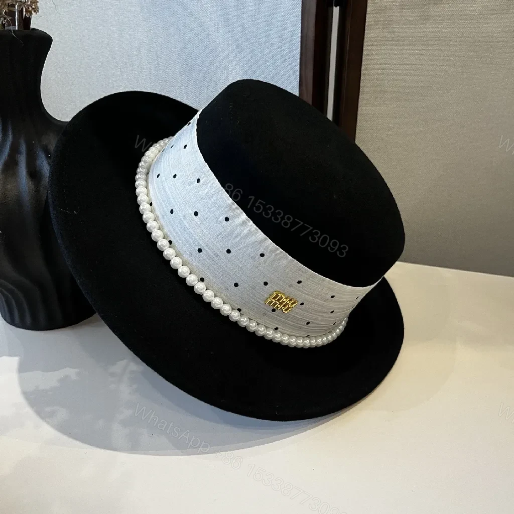 View 5 of Polka Dot Wide-Brim Hat with Pearl Trim, Felt, Luxe Style