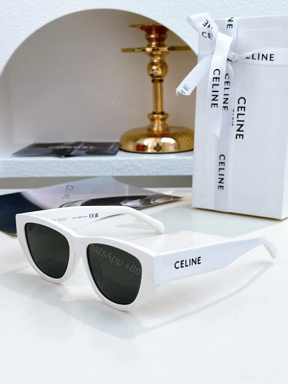 View 8 of White Frame, Brown Lens Luxe Sunglasses - Sleek Cat-Eye Style