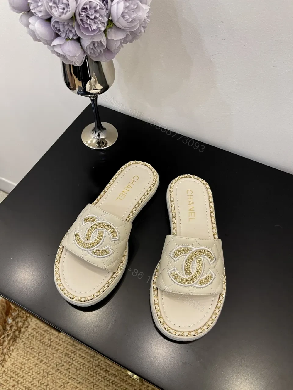 Taupe Leather Slip-Ons: Luxe Logo Chic Comfort Sandals — view 1