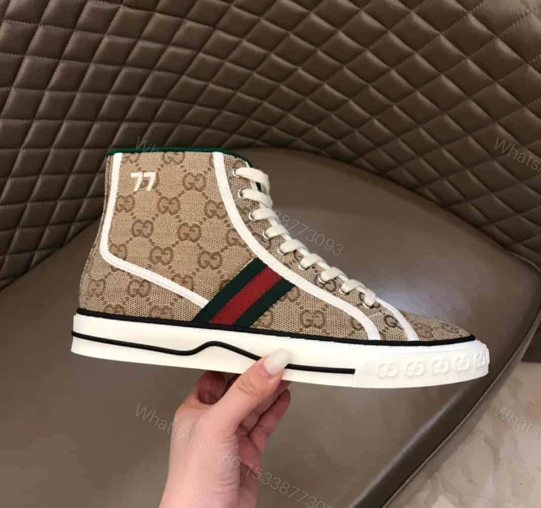 View 3 of GUCCI TENNIS 1977 HIGH-TOP SNEAKERS IN BEIGE AND EBONY GG CANVAS – GC100