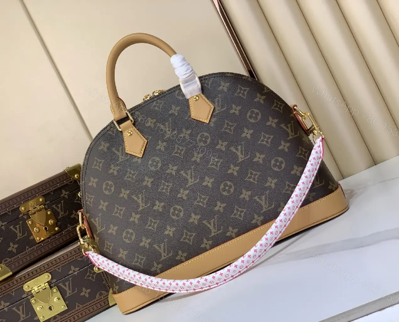 View 9 of Brown Canvas Tote with Tan Leather Trim, LV Monogram Style Handbag
