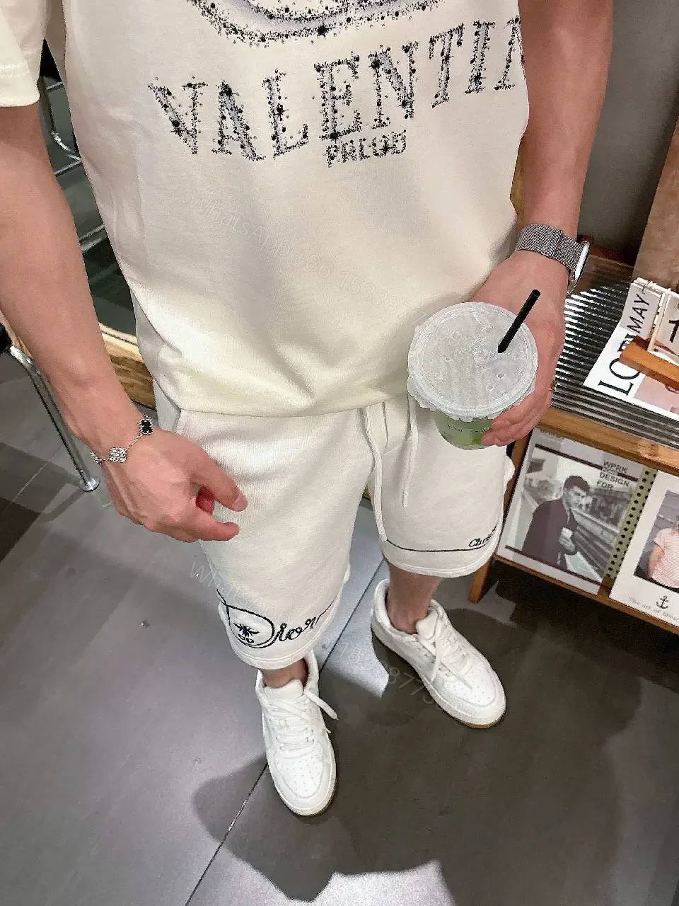 View 4 of White Knit Shorts Cotton Blend Casual Embroidered Script Short pants