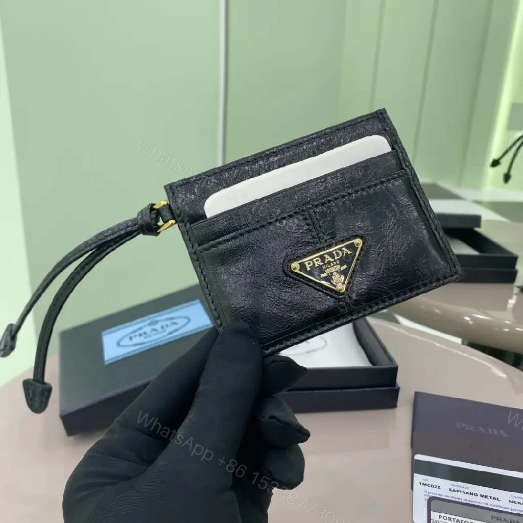 View 6 of Black Leather Compact Cardholder, Gold Logo, Minimalist, Central Bill Compartment, Cardholder