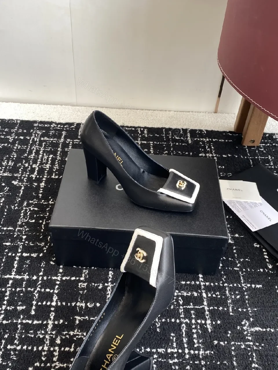 View 9 of Chic Black Leather Heels with White Trim Detail Pumps