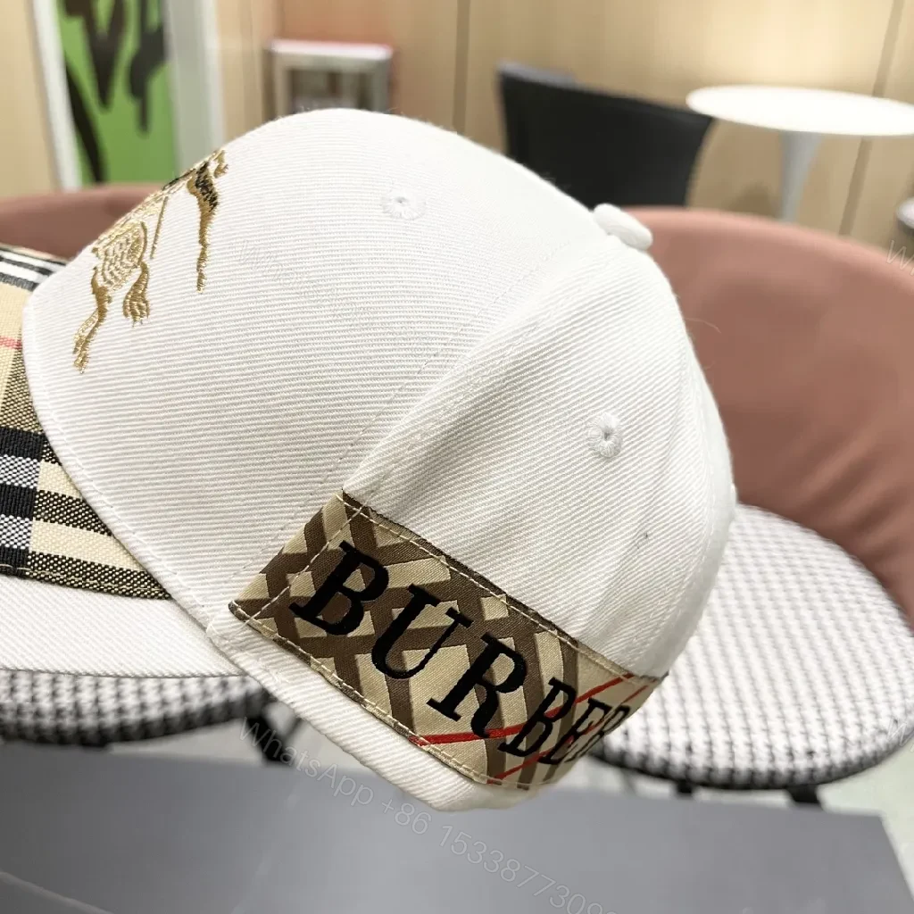 View 6 of White Plaid-Visor Sports Cap with Golden Motif Embroidery