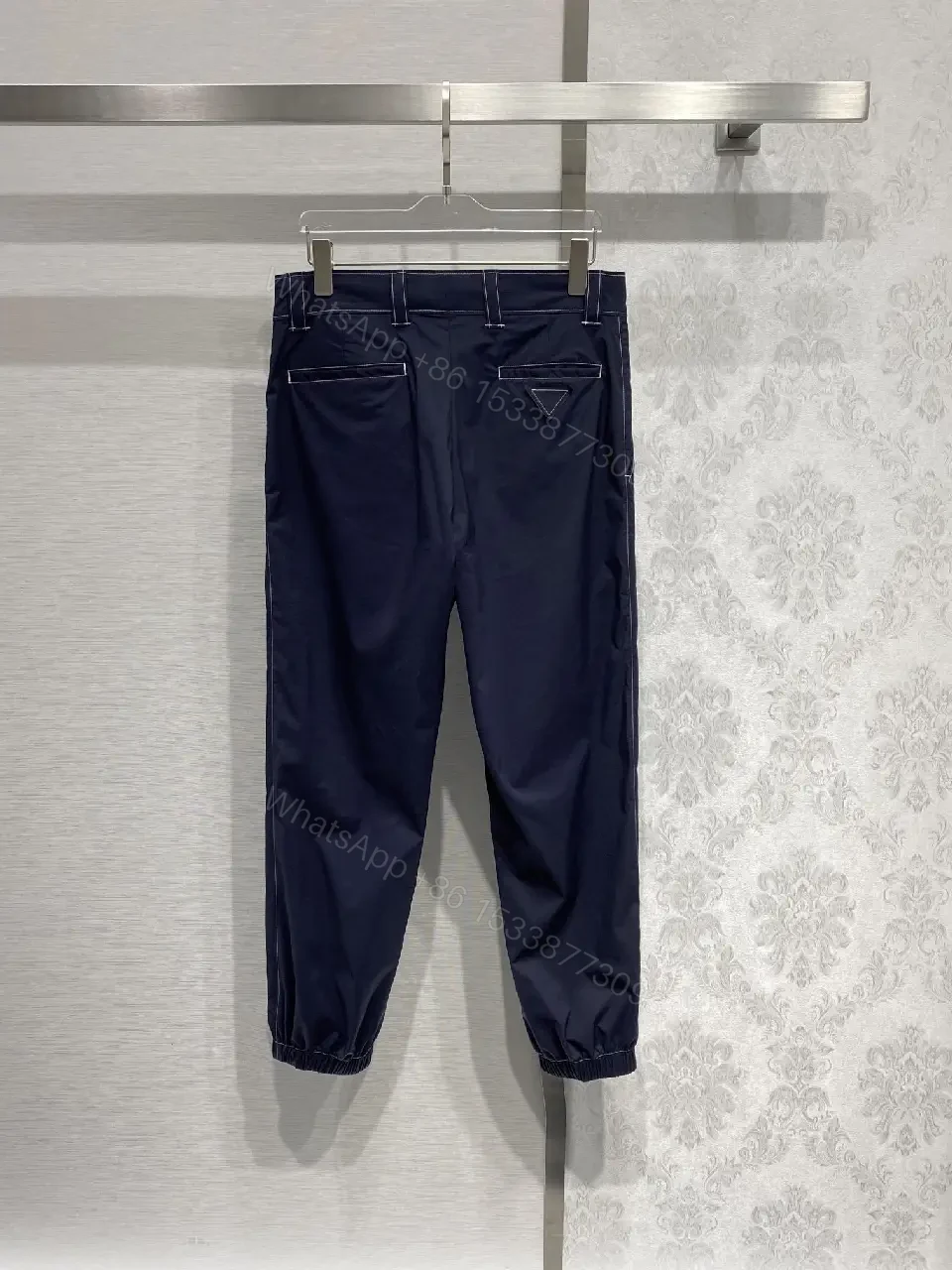 View 3 of Navy Linen+Stretch Ankle-Taper Pants with Elastic Cuffs