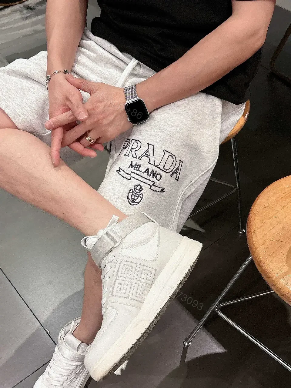 View 6 of Gray Hoodie Shorts Fabric Streetwear Drawstring Shorts