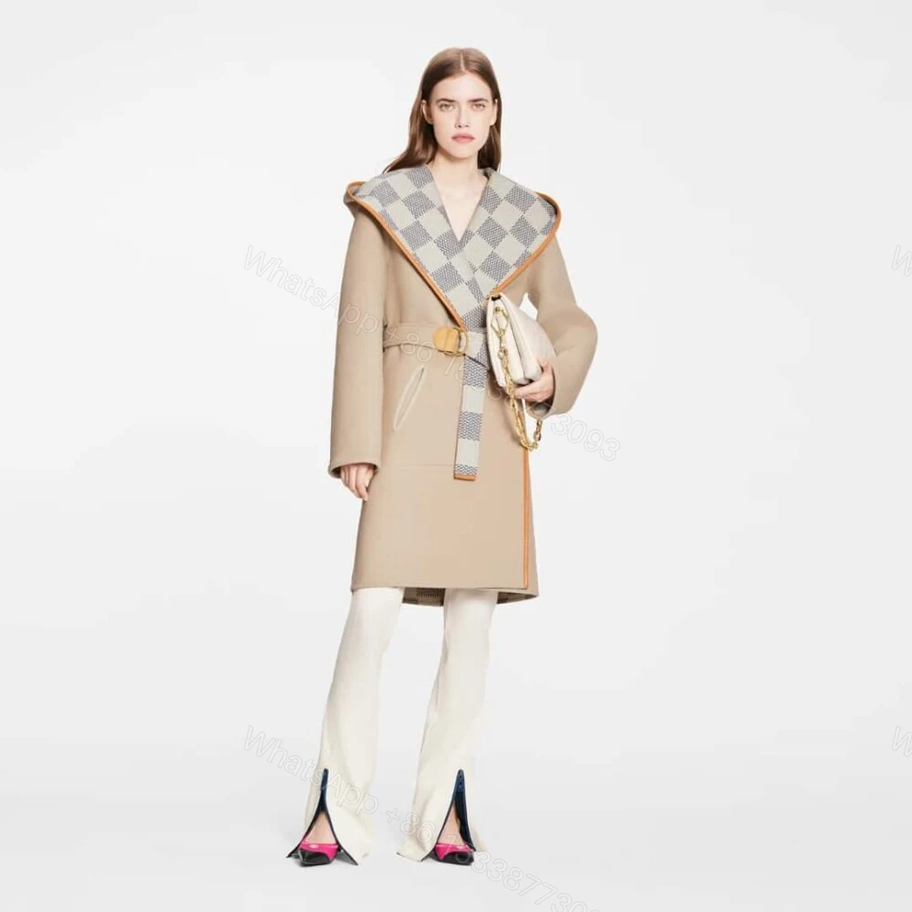 View 6 of Louis Vuitton Reversible Damier Azur Hooded Wrap Coat Beige 1A9L0P