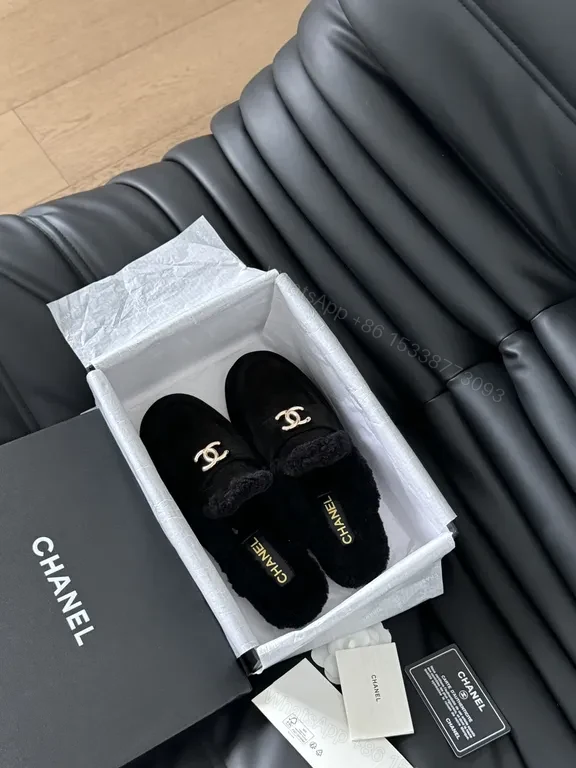 View 7 of Chanel-Inspired Black Shearling Mules with Gold Logo Detail