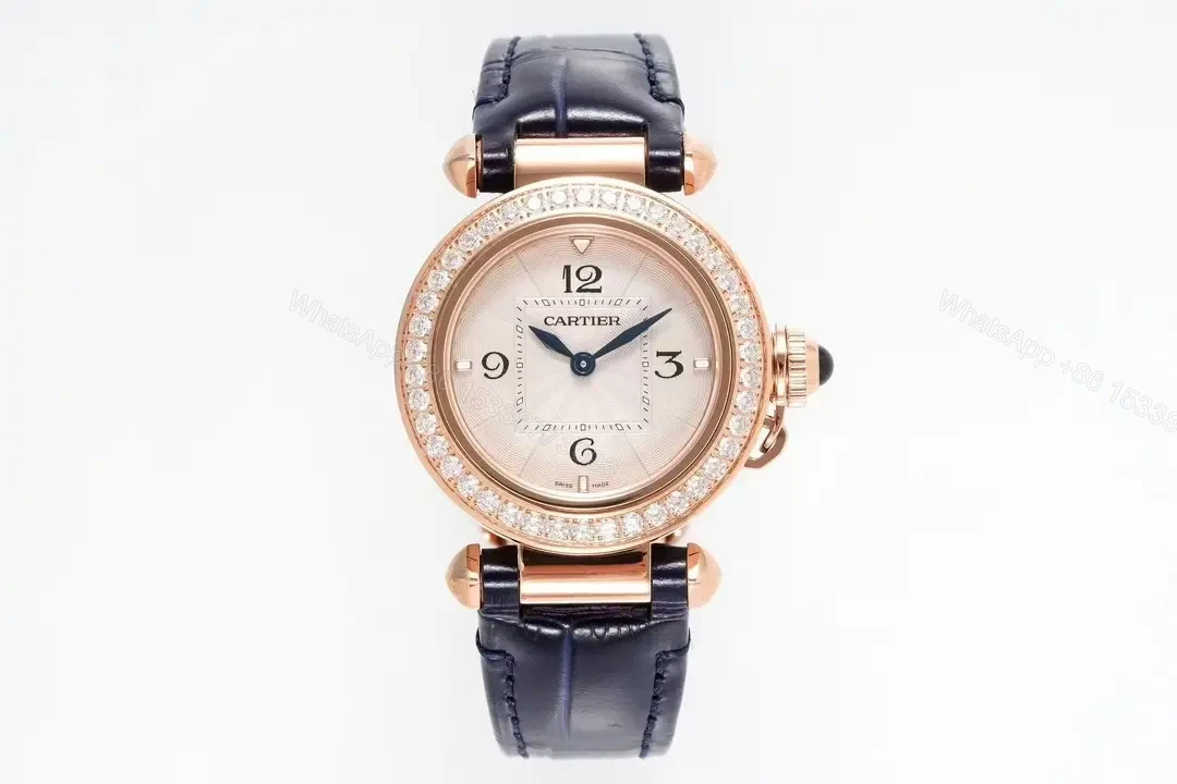 GS Factory Cartier Pasha de Cartier Women’s Watch, 30mm Rose Gold Case with Diamond Bezel, Blue Leather Strap, Quick Change Feature — view 1