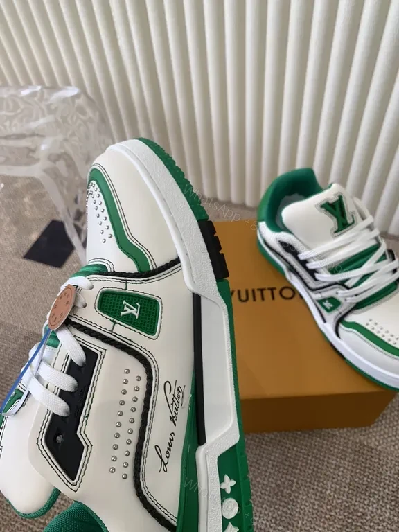 View 3 of Green & White Leather High-Tops with LV-Style Detailing Sneakers