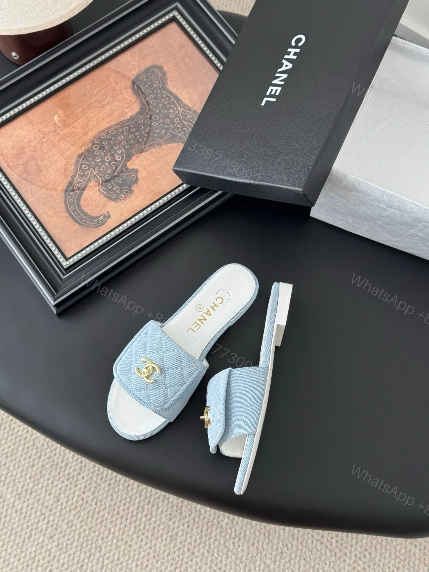 View 3 of Chanel Women Light Blue Quilted Fabric Slides
