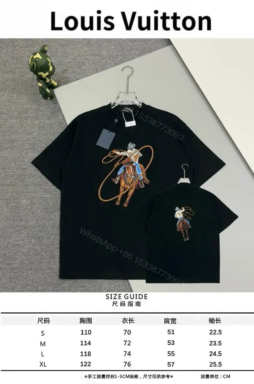 View 2 of Black Cotton Tee with Cowboy Motif & Hem LV Emblem, Premium Luxe Style