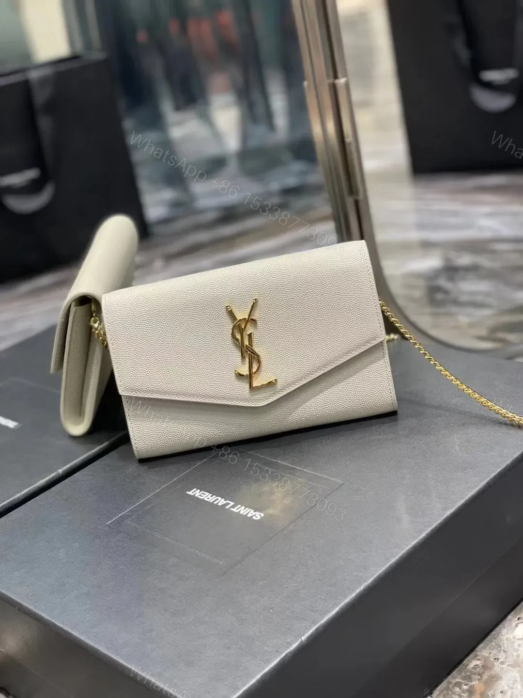 View 2 of Saint Laurent Grain De Poudre Uptown Chain Wallet White
