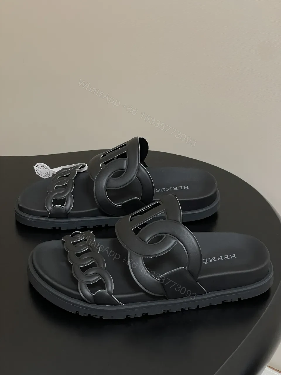 View 2 of Black Leather Double-Chain Slide Sandals: Modern Luxury