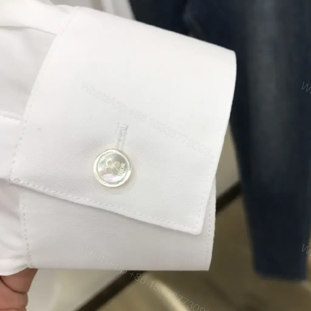 View 7 of White Cotton Shirt with Minimal Dior Emblem, Relaxed Fit, Crisp Look