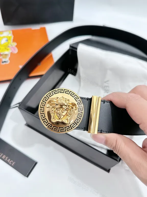 View 3 of Bold Black Leather Belt with Medusa Buckleâ€”Versace Luxury Belt