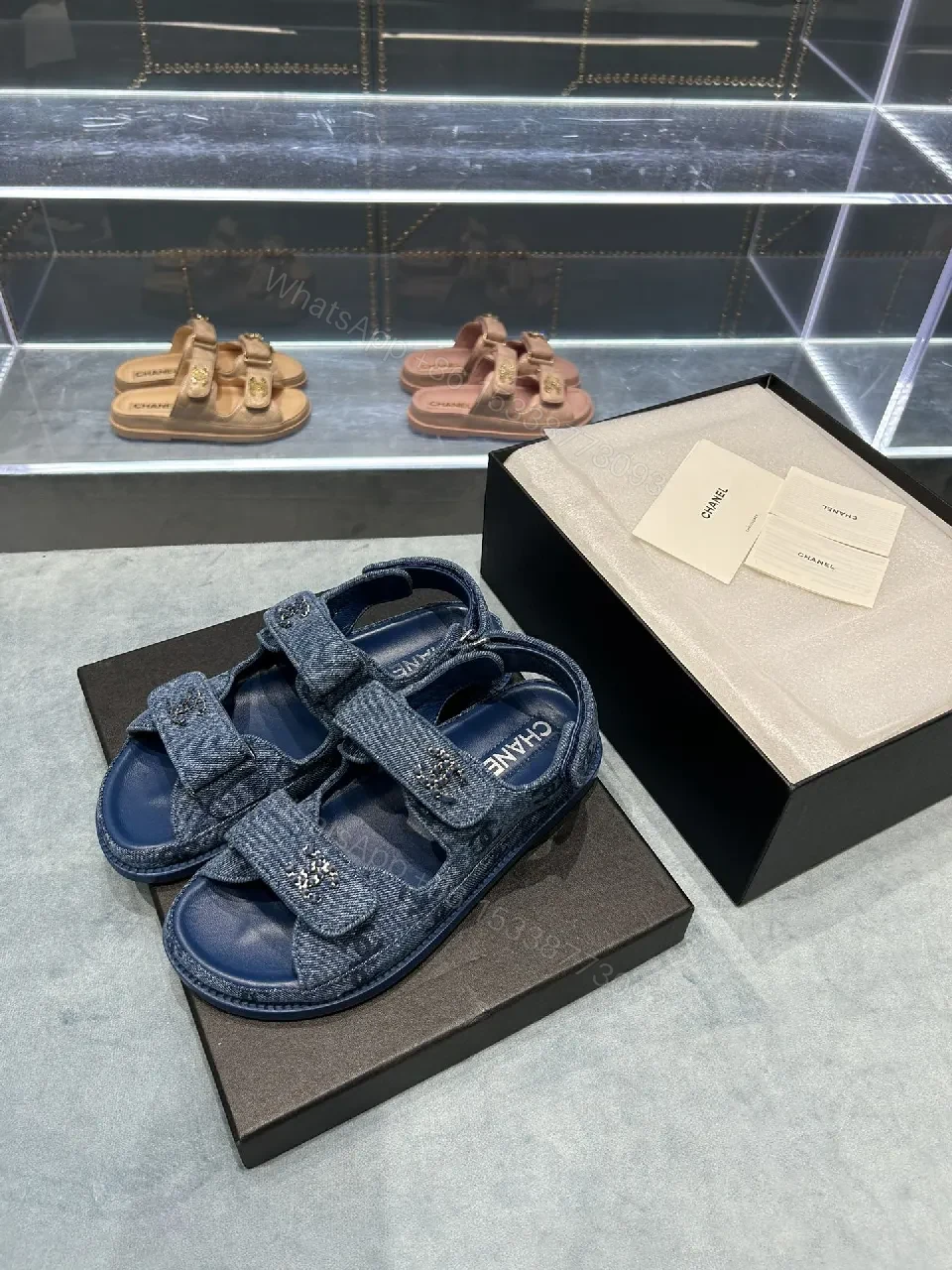 View 10 of Denim-Blue Embellished Sandals: Signature Comfort Shoes