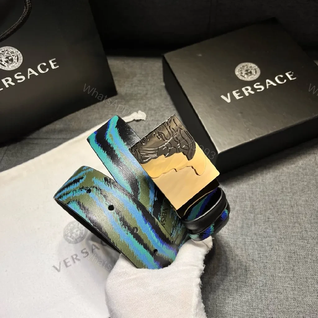 View 8 of Teal-Sapphire Striped Leather Belt with Brushed Buckle