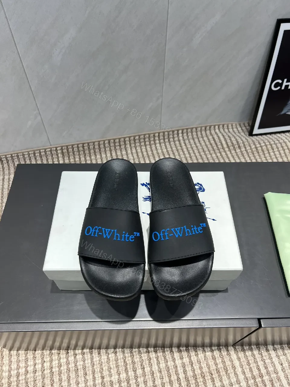 View 2 of Black Synthetic Slides | EVA Comfort | Minimal Luxe Edge + Blue Logo