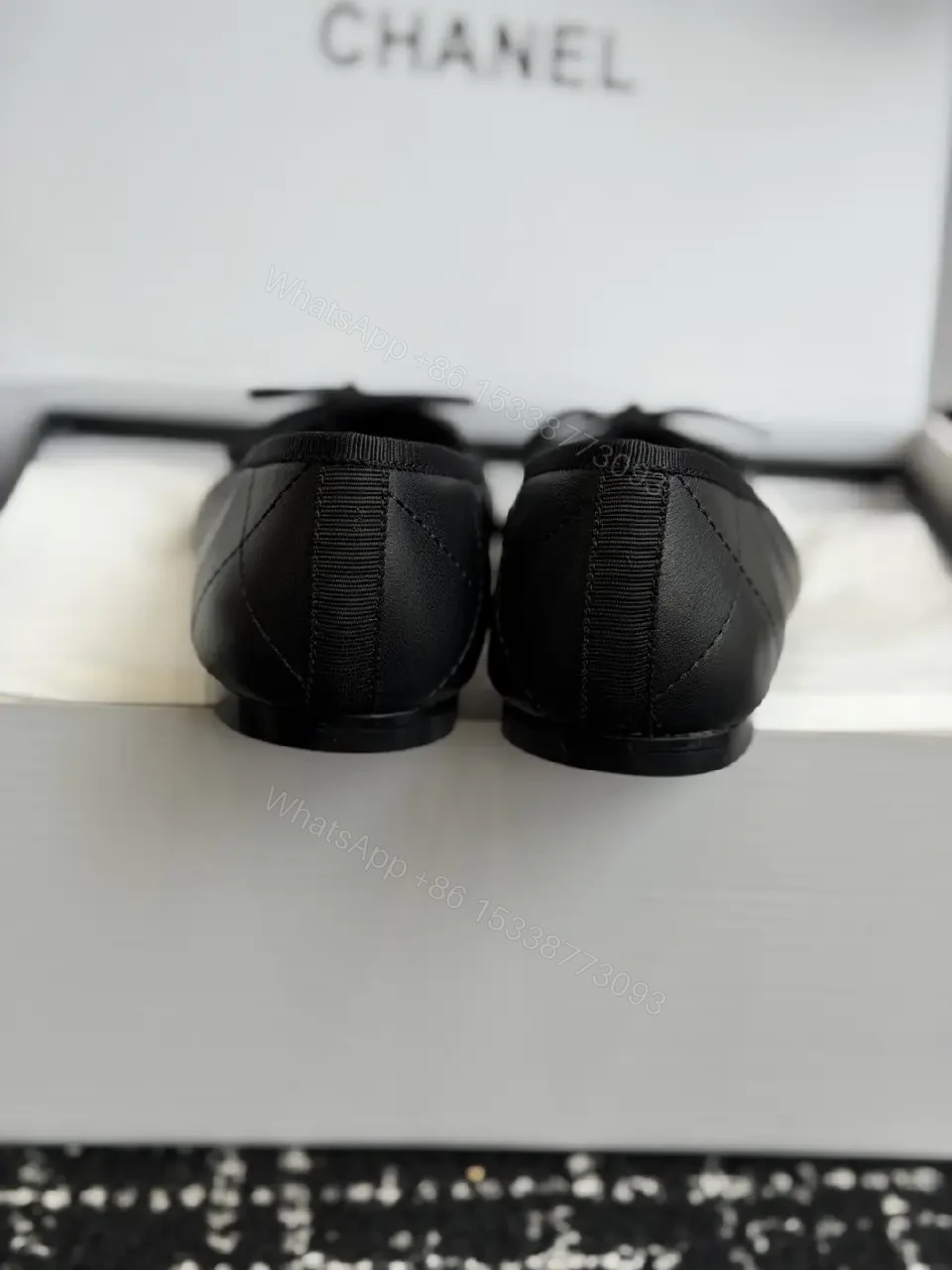 View 2 of Black White Leather Bow Ballet Flats, Classic Chanel Style, Flat Shoes